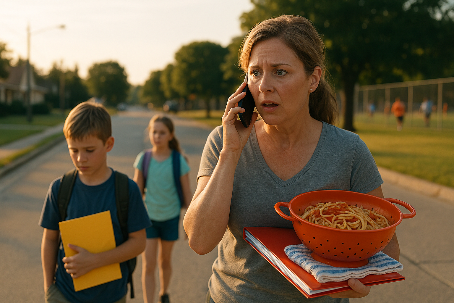 A concerned mother receives a phone call while holding spaghetti and school folders, with her children walking behind her near a school and soccer field in the Texas summer.